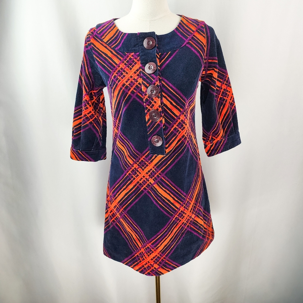 Go International Women's Retro Corduroy Multicolor Plaid Shirt Dress Size S